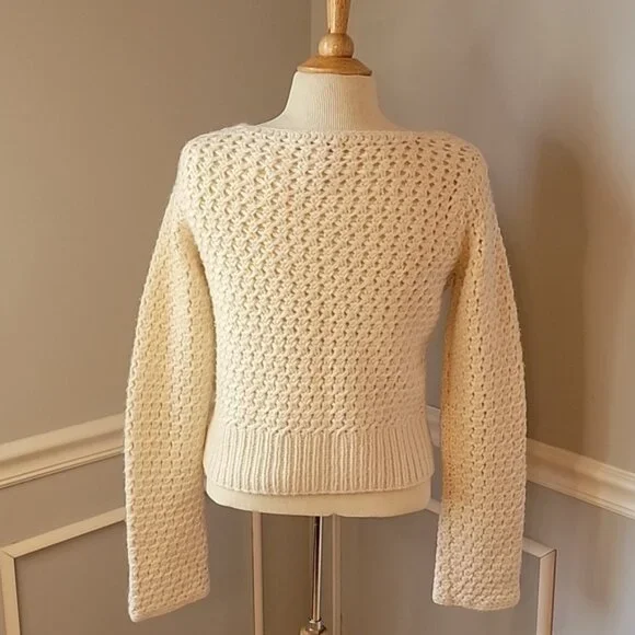 BANANA REPUBLIC Wool Angora Blend Open Knit Cropped Boat Neck Nautical Sweater M - Picture 2 of 7